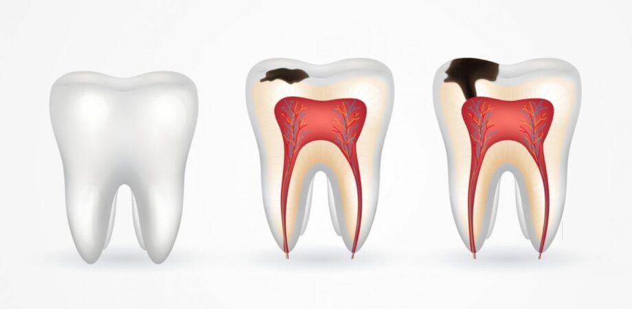 Ilustração mostrando a evolução da cárie no dente em 3 etapas