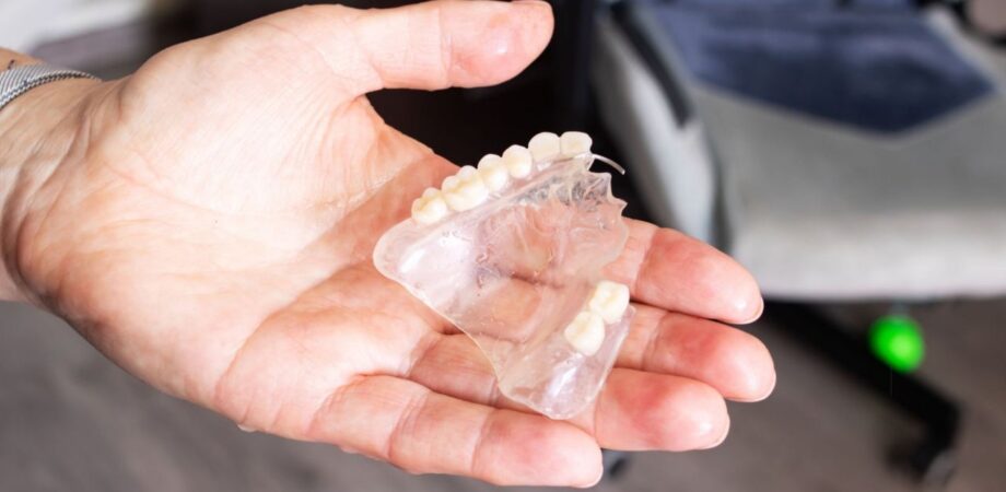 Zoom em mão de homem segurando prótese dentária de silicone