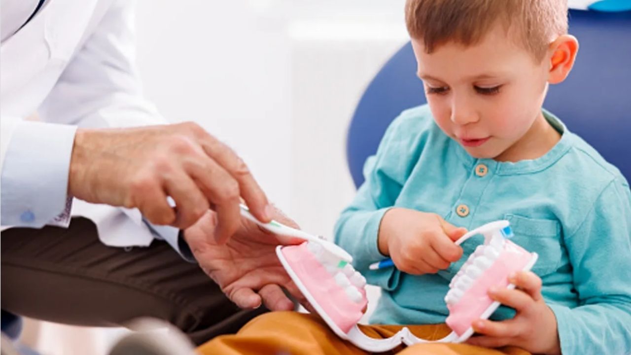 Dentista orientando menino criança usando moldes da arcada dentária para fazer uma higienização correta